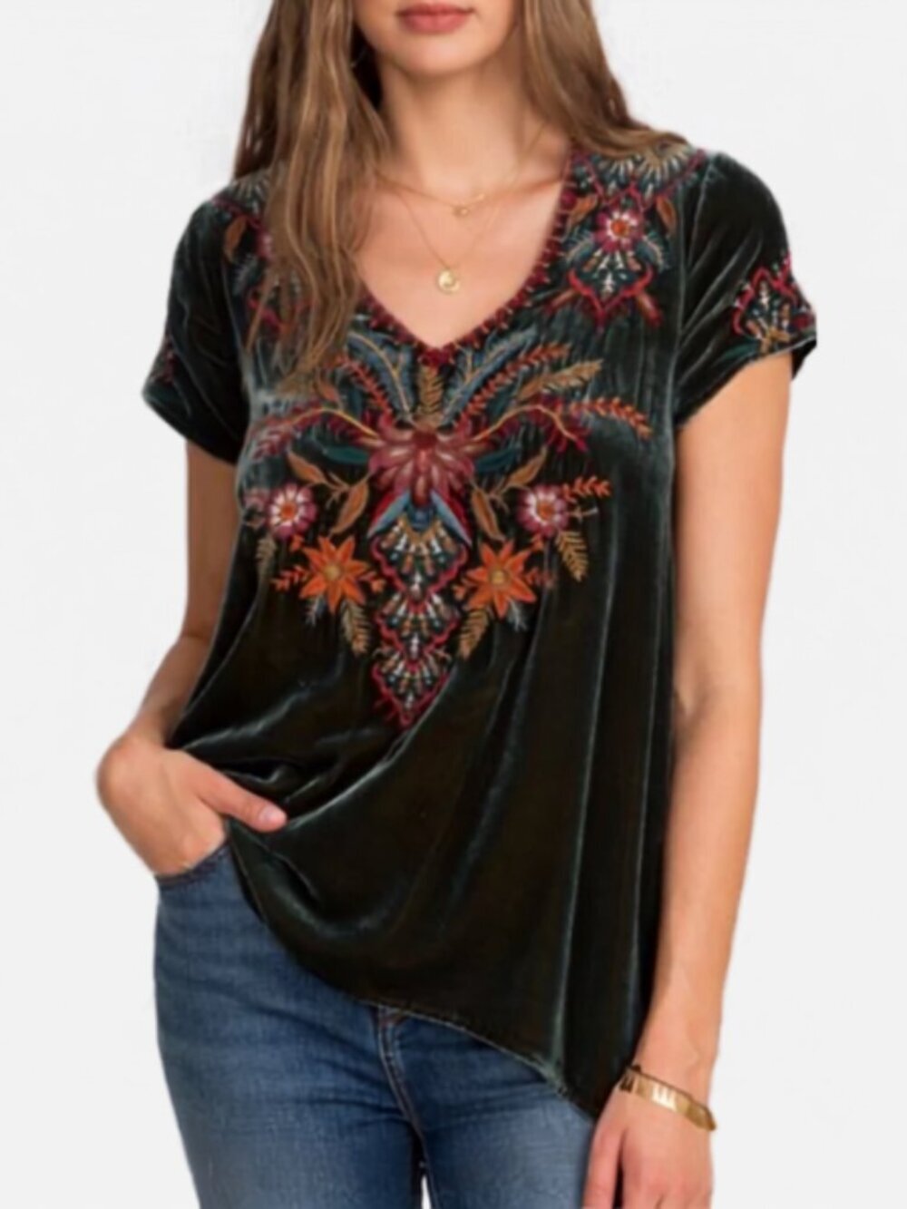 Johnny Was Velvet Top Long Boho Luxury Festival Embroidered V-Neck Green Size S